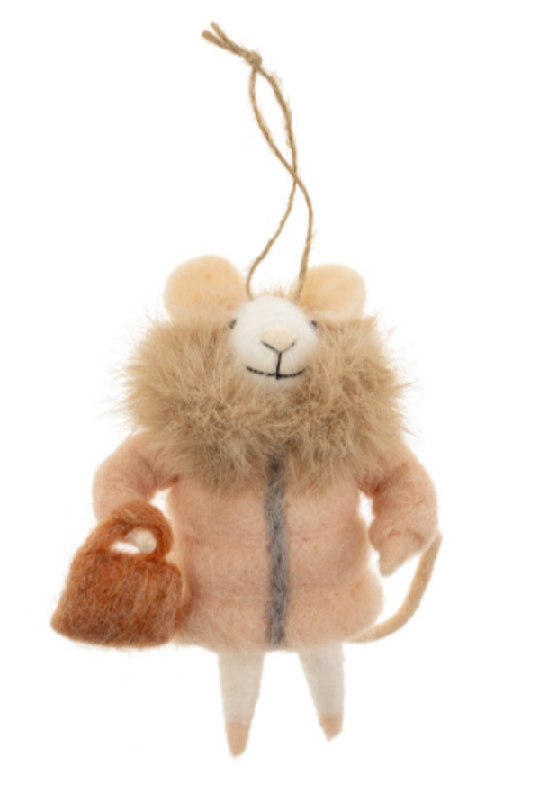 Felted white mouse figurine on a string wearing a beige coat, carrying a bag against on a white background