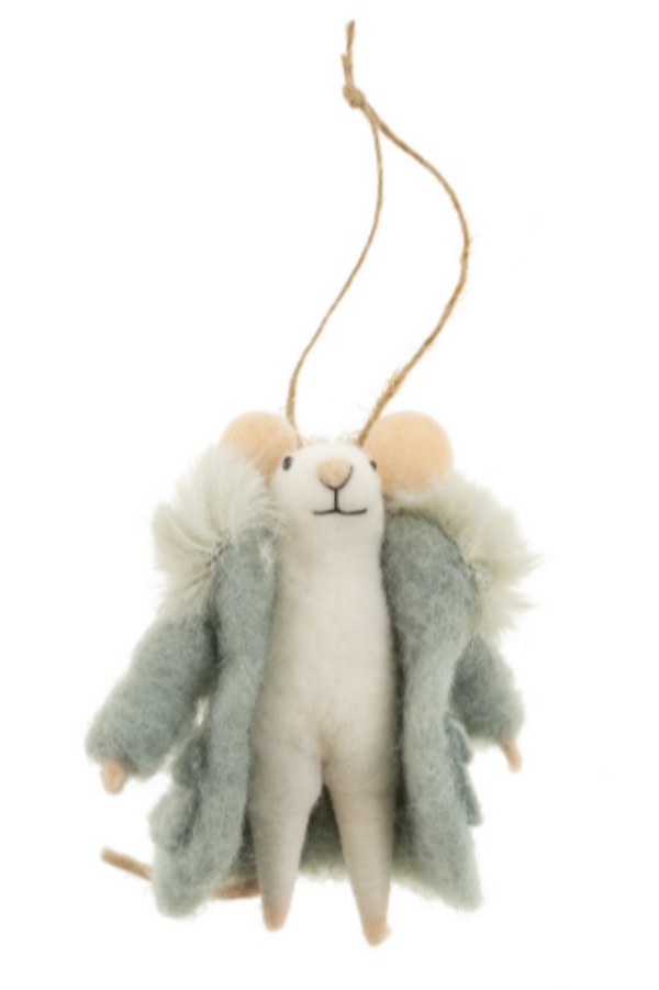 Felted white mouse figurine on a string wearing a white fur trimmed light blue coat against a white background