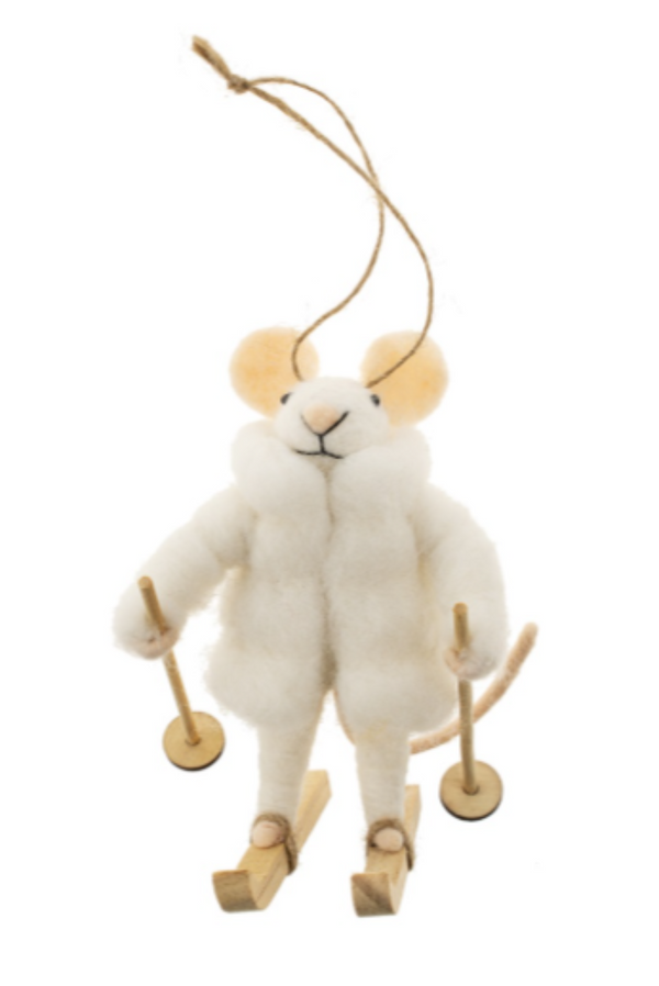 Felted white mouse figurine on a string  on skis, wearing a white coat and holding ski poles, against a white background