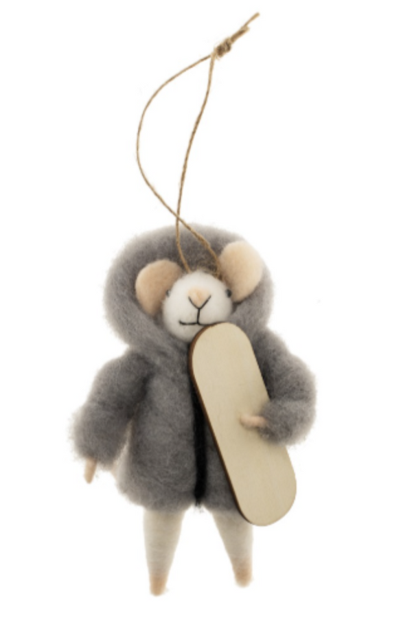 Felted white mouse figurine on a string wearing a grey hooded coat and carrying a wooden snowboard on a white background