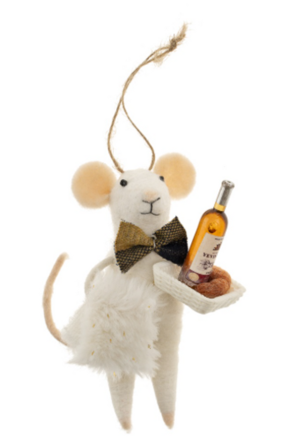 Felted white mouse figurine on a string wearing a bowtie, holding a white tray that has a wine bottle on it  on a white background