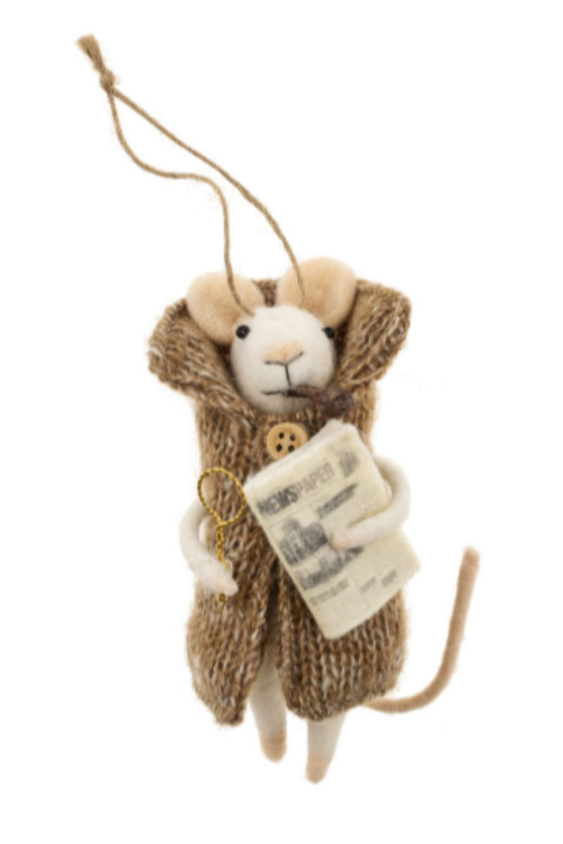 Felted white mouse figurine on a string wearing a brown coat and carrying a newspaper against a white background