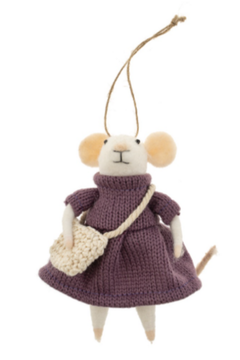 Felted white mouse figurine on a string wearing a purple dress with a white bag on a white background