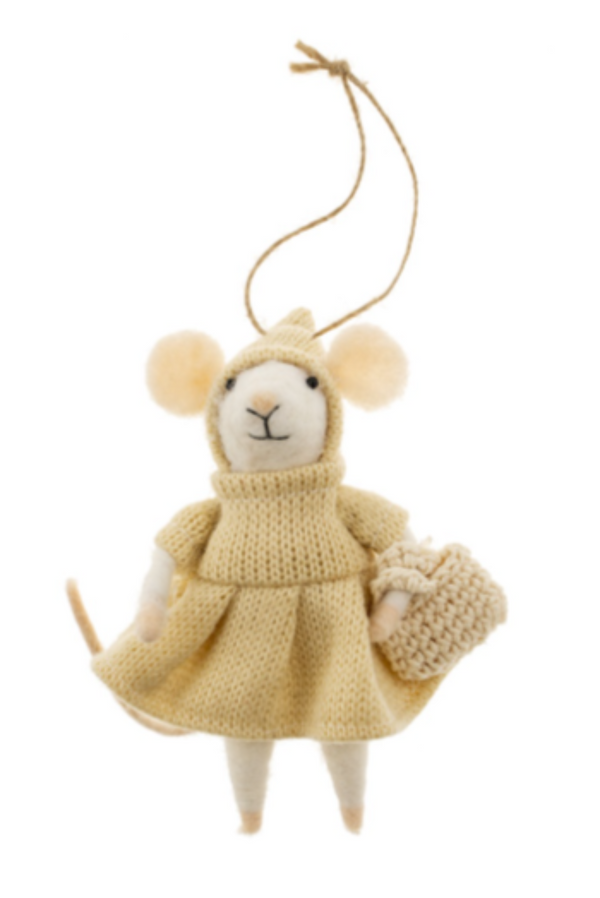 Felted white mouse figurine on a string wearing  a cream coloured dress and bonnet, with a basket on a white background