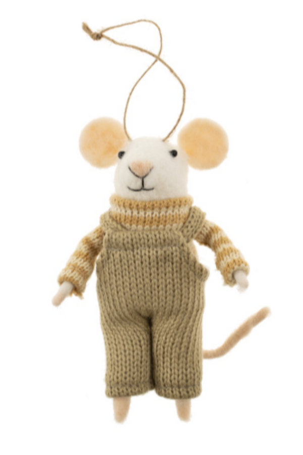 Felted white mouse figurine on a string with a yellow and cream sweater and beige overalls on a white background