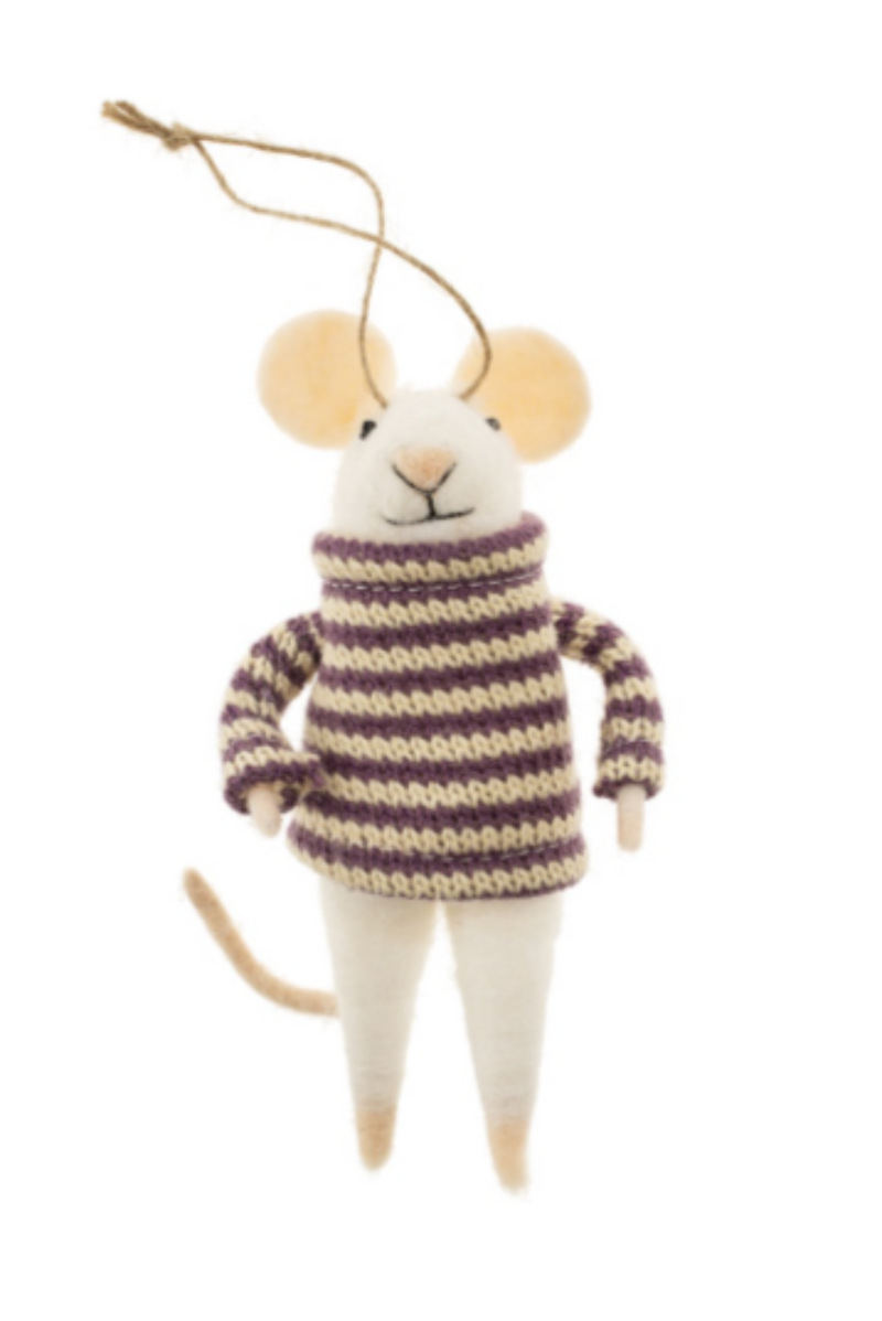 Felted white mouse figurine on a string wearing a purple and cream striped sweater on a white background