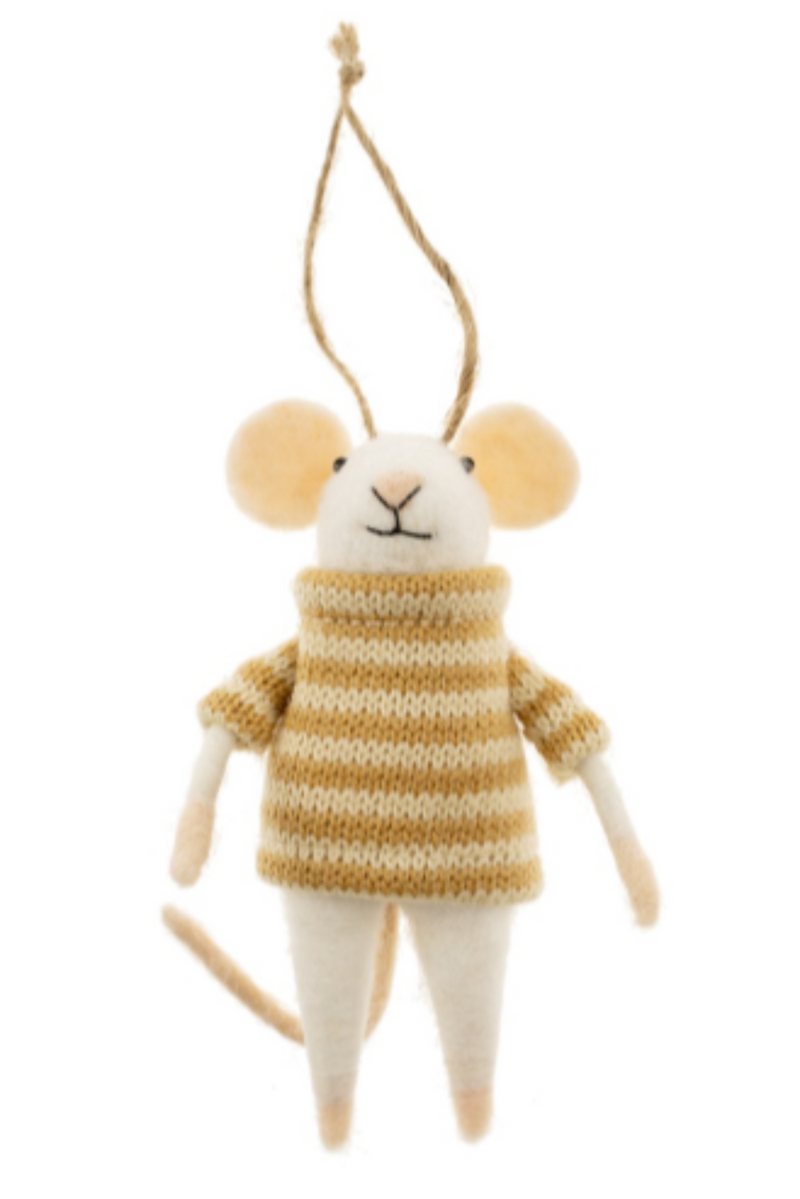 Felted white mouse figurine on a string with a yellow and cream striped sweater on a white background