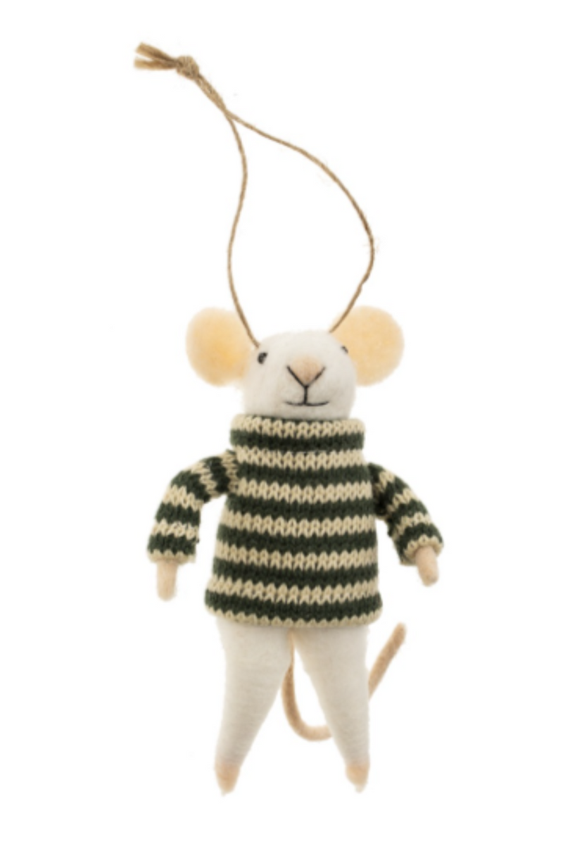 Felted white mouse figurine on a string wearing a green and cream striped sweater on a white background