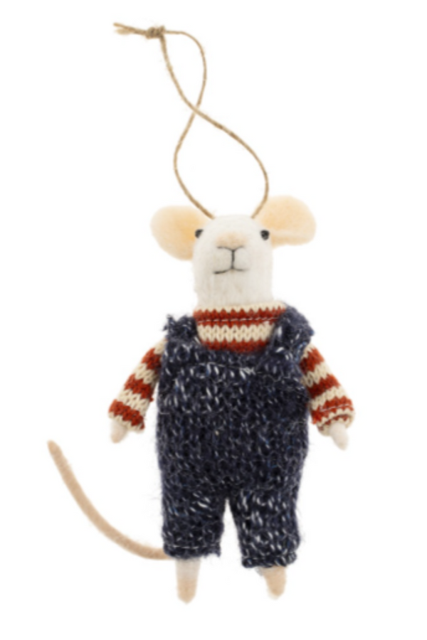 Felted white mouse figurine on a string wearing an orange and cream striped sweater and blue overalls on a white background
