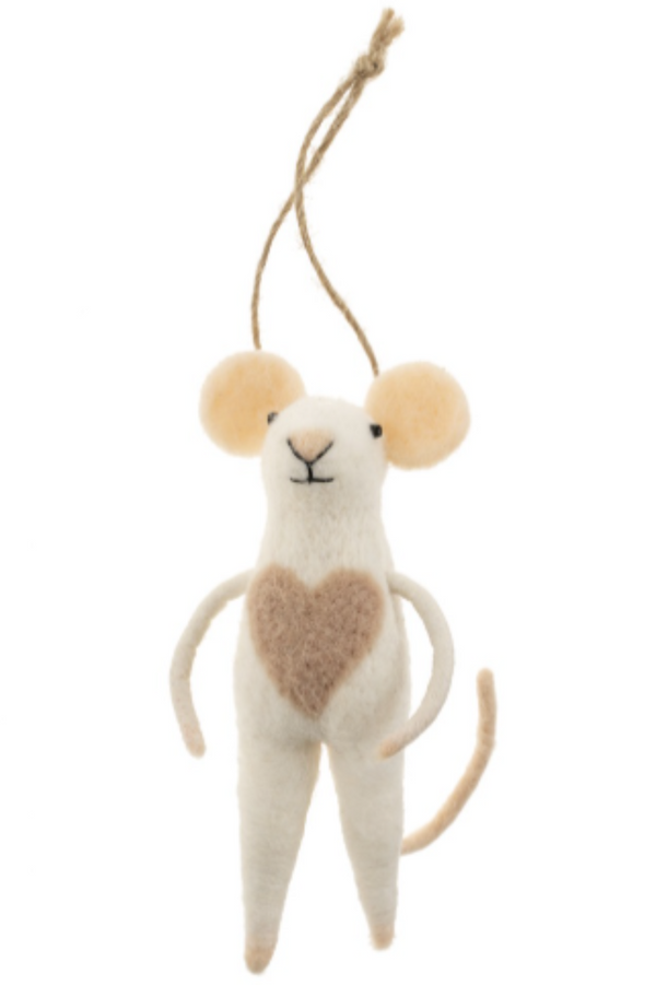 Felted white mouse figurine on a string with a beige heart on it's chest on a white background