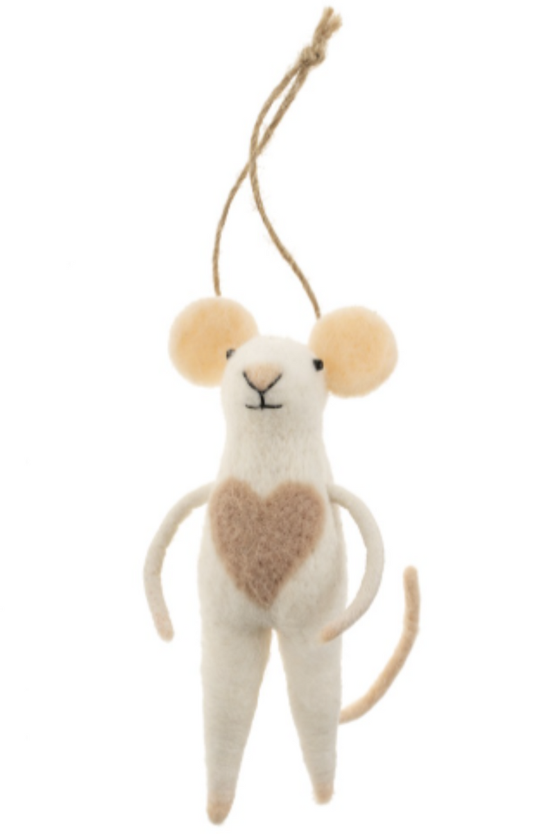Felted white mouse figurine on a string with a beige heart on it's chest on a white background