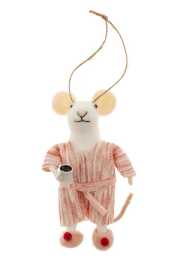 Felted white mouse figurine on a string in a pink robe holding a white mug of coffee or tea on a white background