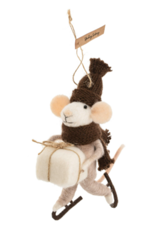 Felted white mouse figurine on a string wearing a brown hat and scarf, carrying a white square gift while skating against  a white background