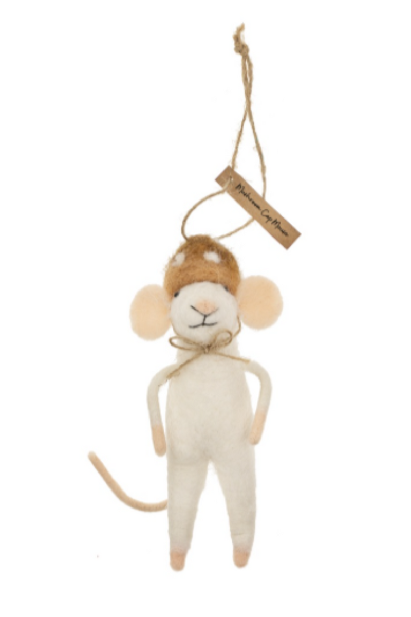 Felted white mouse figurine on a string with a brown mushroom cap hat on a white background