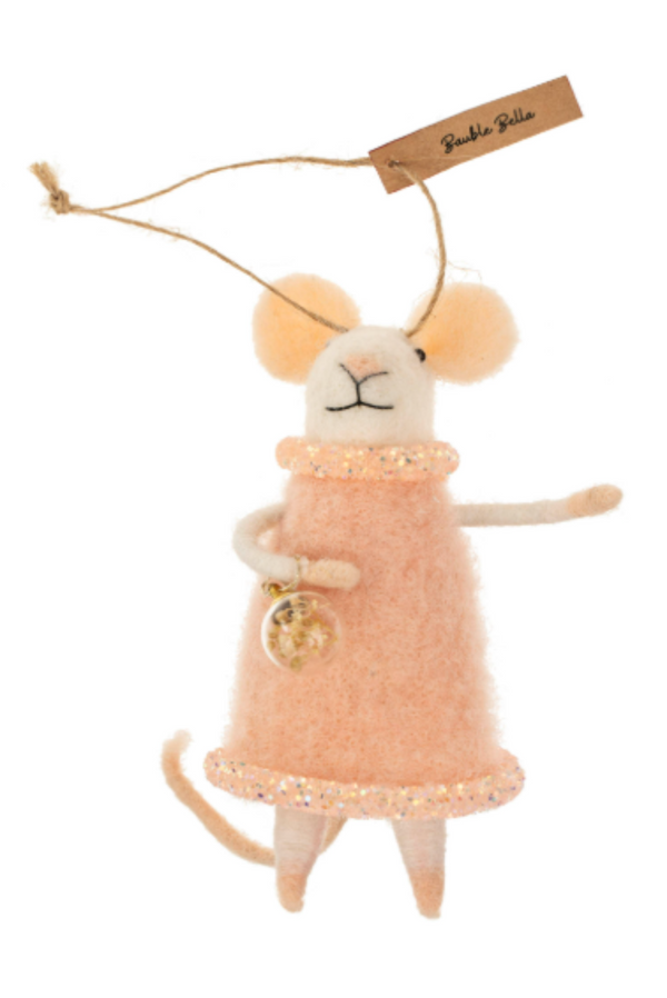 Felted white mouse figurine on a string wearing a peach dress on a white background