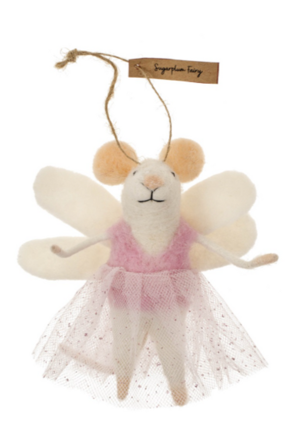 Felted white mouse figurine on a string wearing a pink dress and white wings on a white background
