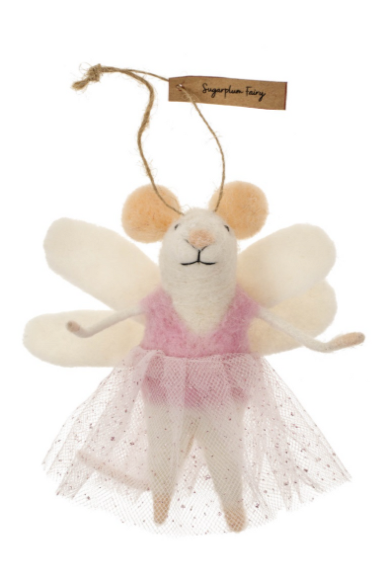 Felted white mouse figurine on a string wearing a pink dress and white wings on a white background