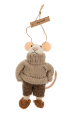 Felted mouse ornament with a beige knitted turtleneck sweater and brown felt pants, hanging from a string on a white background.