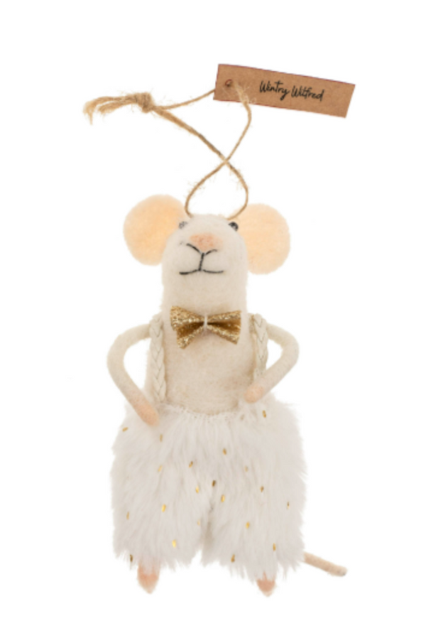 Felted white mouse figurine on a string wearing a gold bow tie and white and gold overalls on a white background