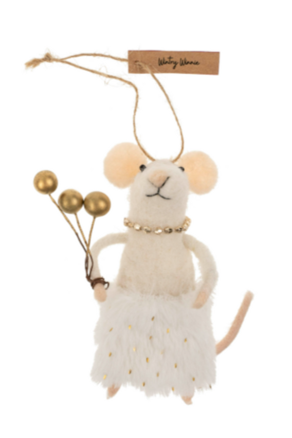 Felted white mouse figurine on a string wearing a gold bead necklace and a white and gold skirt, holding three gold balls on a white background