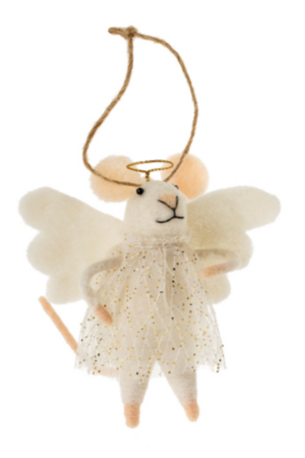 Felted white mouse figurine on a string wearing a white dress and white wings with a halo on a white background