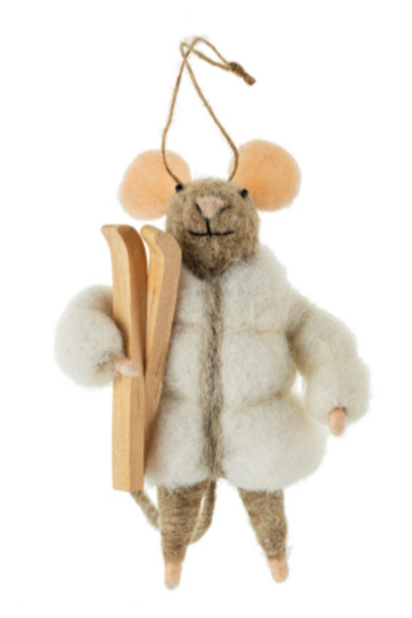 Felted brown mouse figurine on a string wearing a puffy white coat, holding a set of skis on a white background