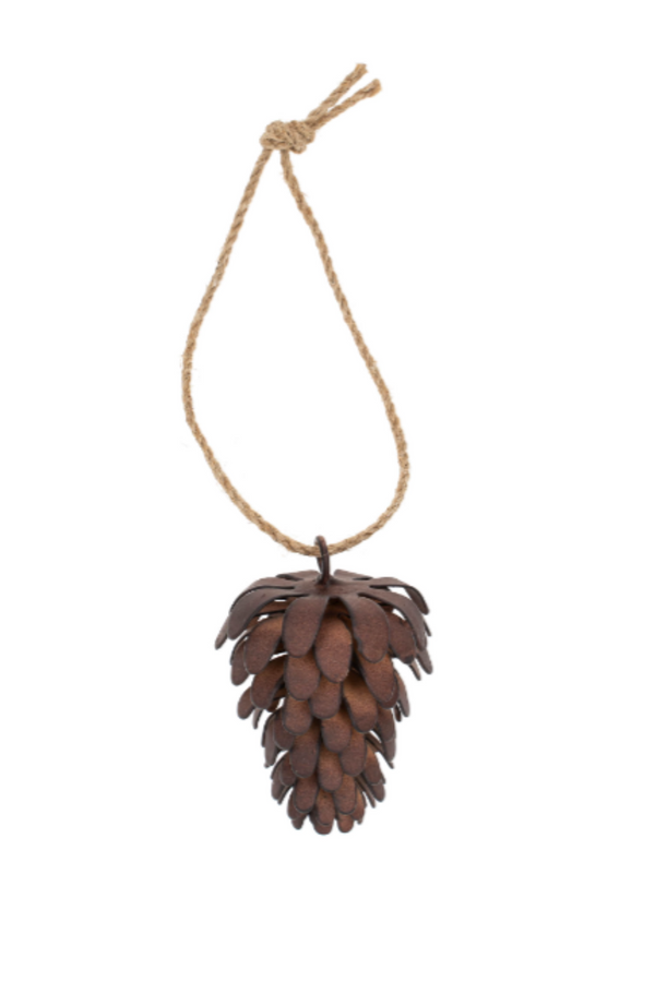 Decorative pine cone ornament with a rope on a white background