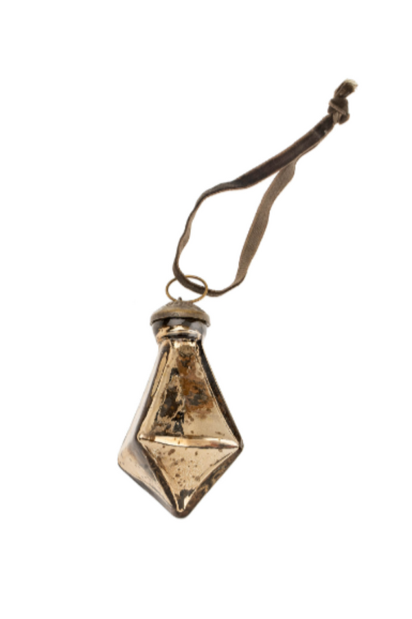 Decorative hanging ornament with a metallic finish on a white background