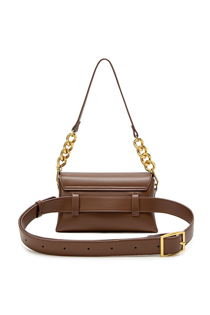 Brown handbag with gold chain and belt on a white background