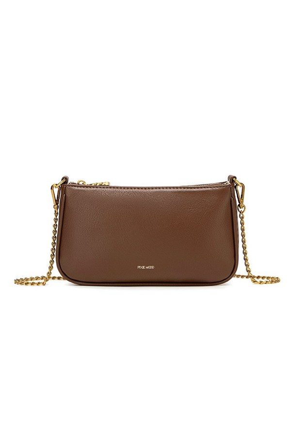 Brown handbag with gold chain on a white background