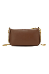 Brown handbag with a chain strap on a white background