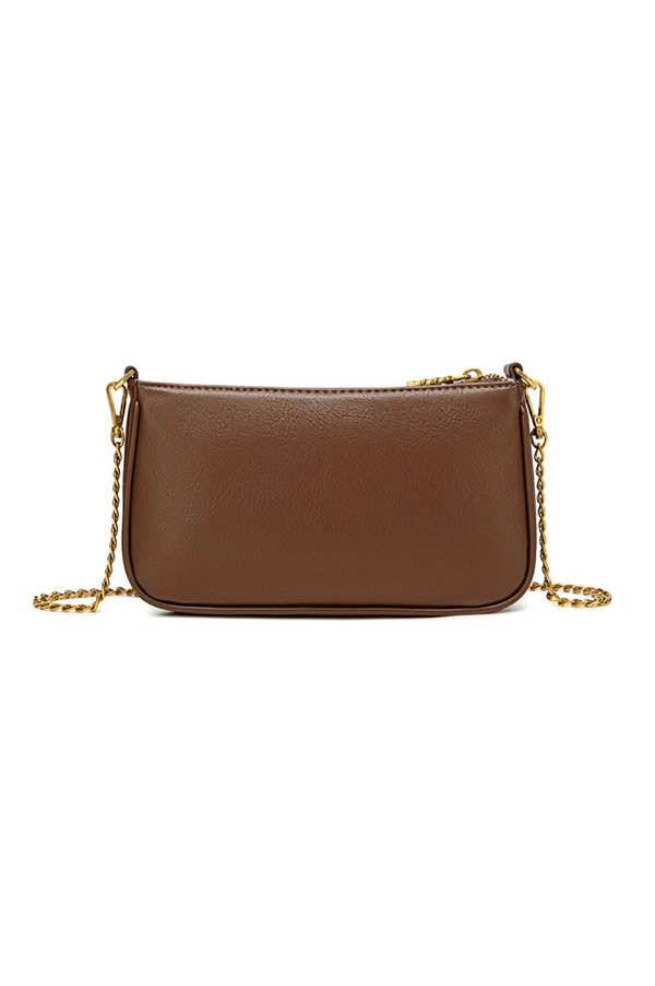 Brown handbag with a chain strap on a white background