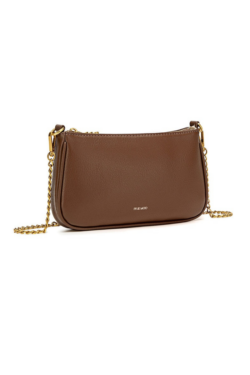 Brown leather handbag with gold chain on a white background