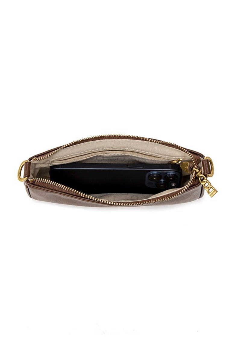 Brown leather crossbody bag with gold zipper on a white background