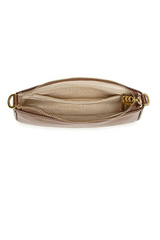 Beige pouch with gold zipper on a white background