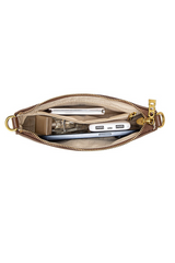 Brown crossbody bag with compartments on a white background