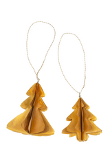 Two brass tree-shaped ornaments hanging on strings against a white background