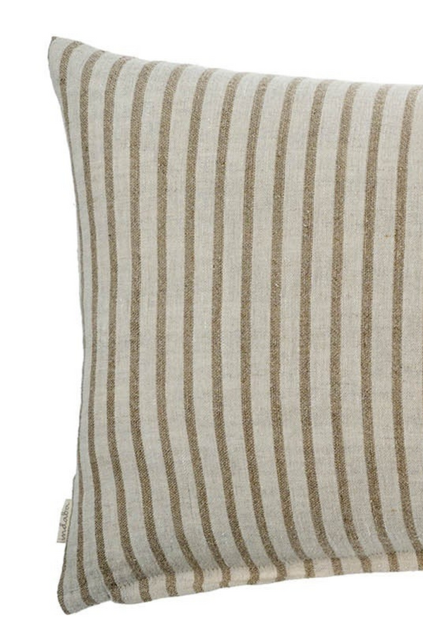 Striped pillow with brown and beige stripes on a white background