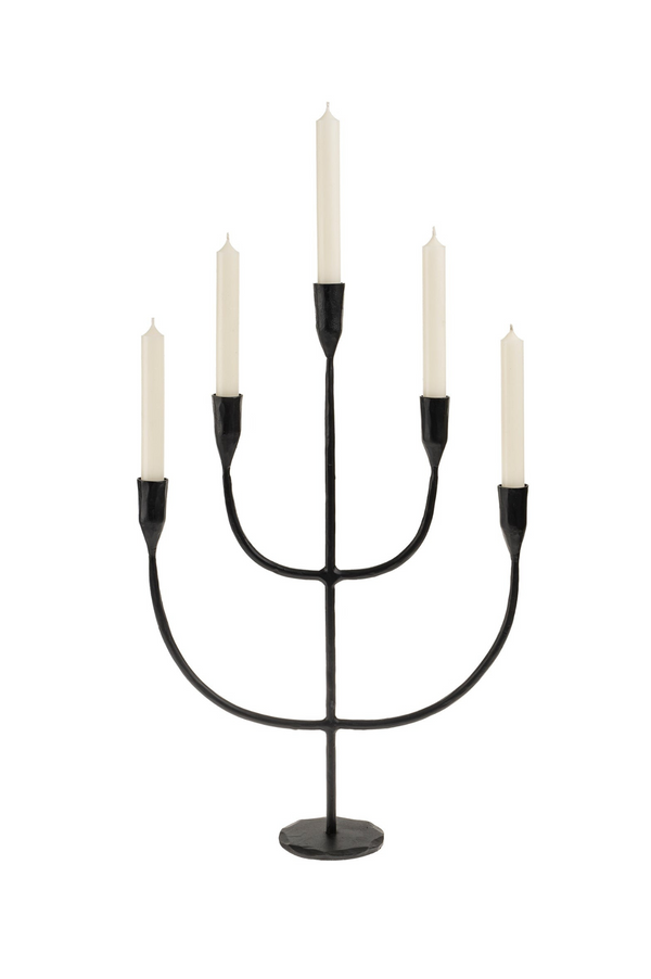 Black candelabra with six candles on a white background