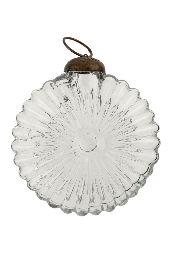 Clear glass ornament with textured surface and metal hook on a white background