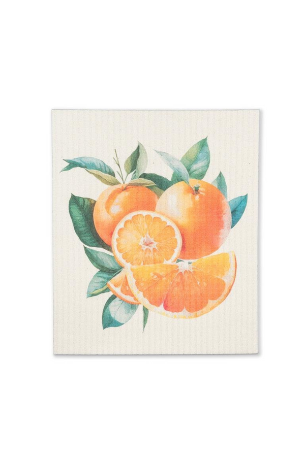 Dishcloth with orange and leaf design on a white background