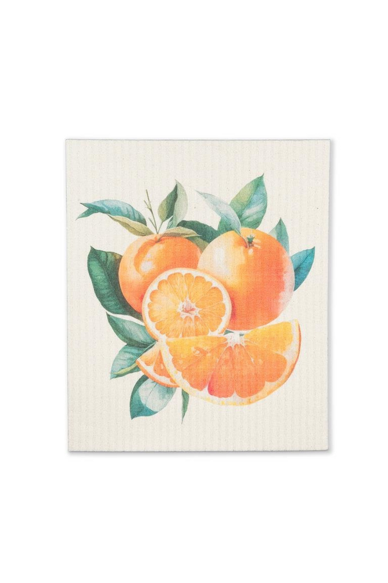 Dishcloth with orange and leaf design on a white background