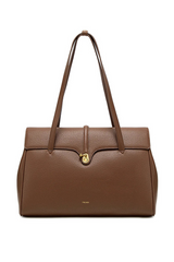 Brown handbag with a gold clasp on a white background