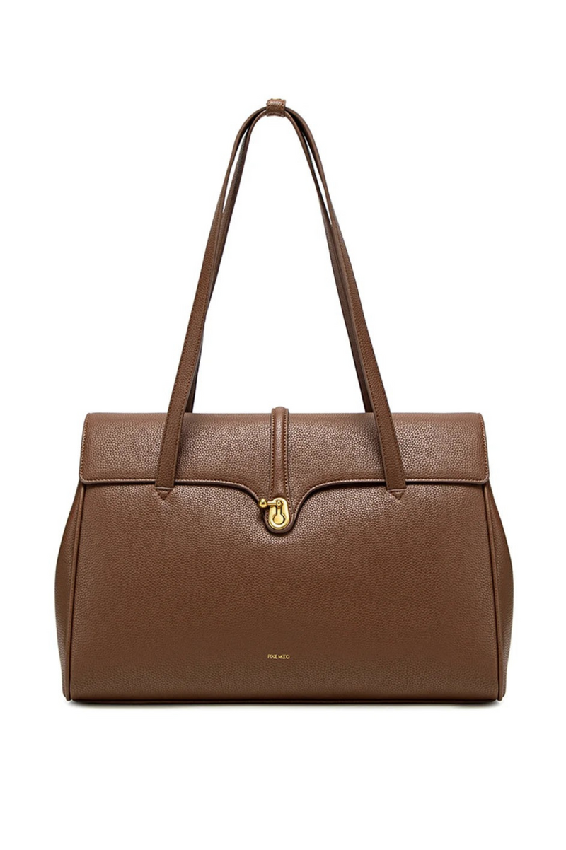 Brown handbag with a gold clasp on a white background