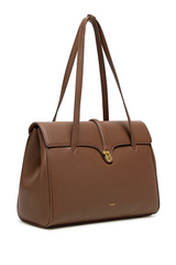 Brown leather handbag with a gold clasp on a white background