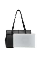 Black handbag with a white laptop on a white background