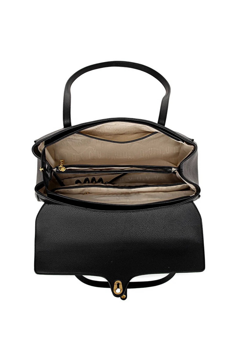 Black handbag with gold hardware on a white background