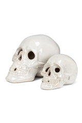 Two white ceramic skulls on a white background