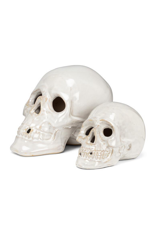 Two white ceramic skulls on a white background