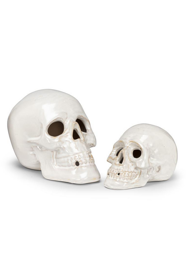 Two white ceramic skulls on a white background